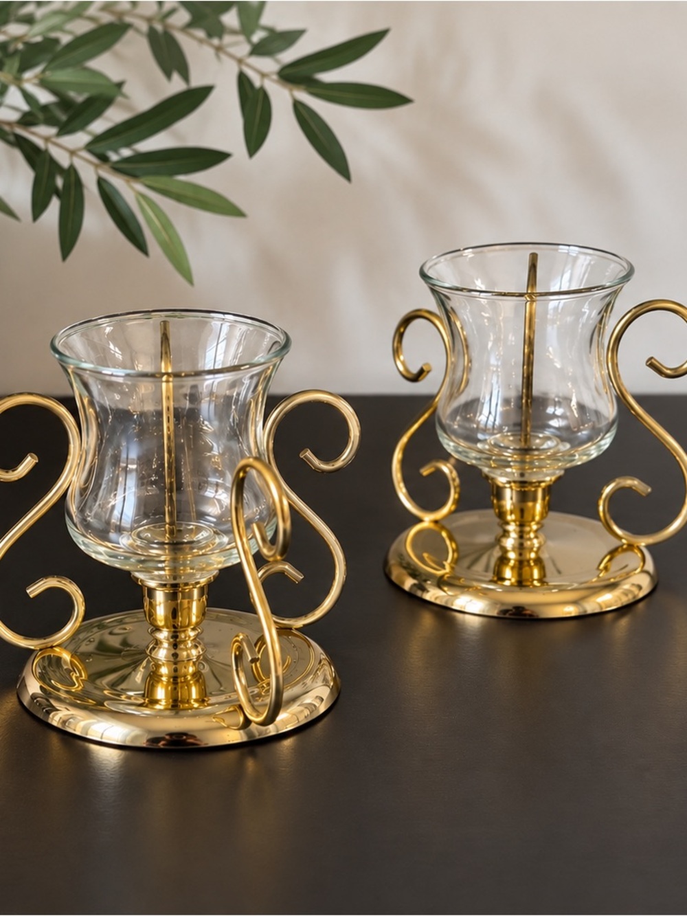 Vintage Metal Glow Votive Candle Holders Set of 2 Regency Gold Tone Made in USA